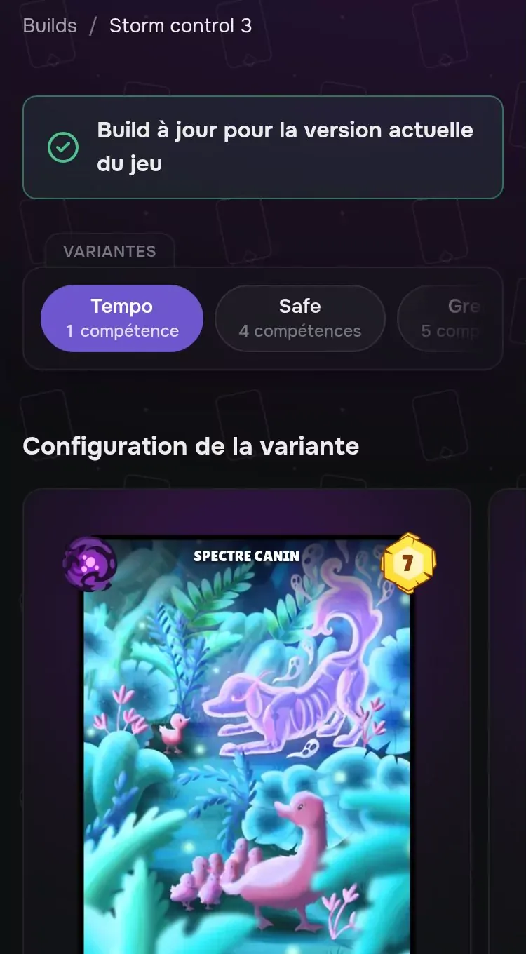 La page d’un build : ses statistiques, ses variantes et ses cartes.