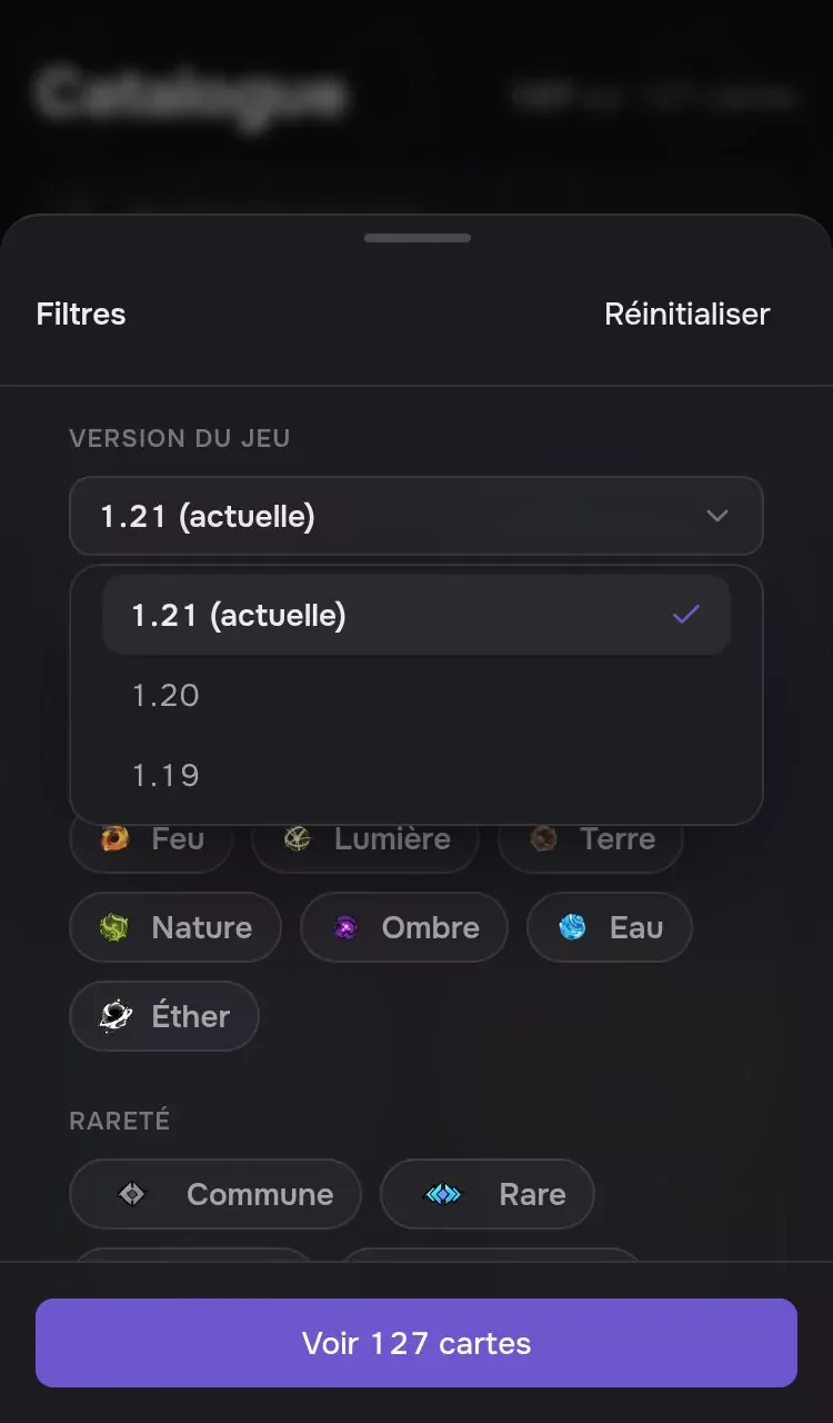 Le catalogue des cartes, sélecteur de version du jeu ouvert.