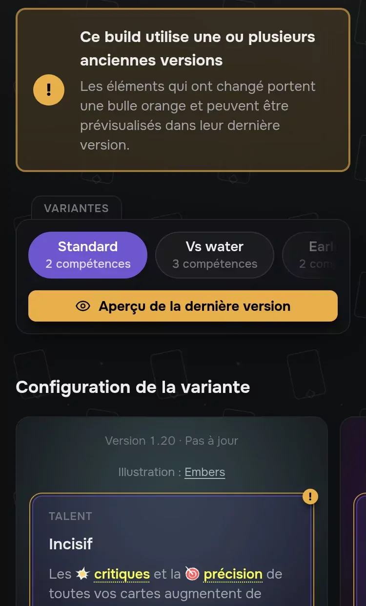 Un build qui utilise d’anciennes versions : un bandeau, et une bulle orange sur chaque élément modifié.
