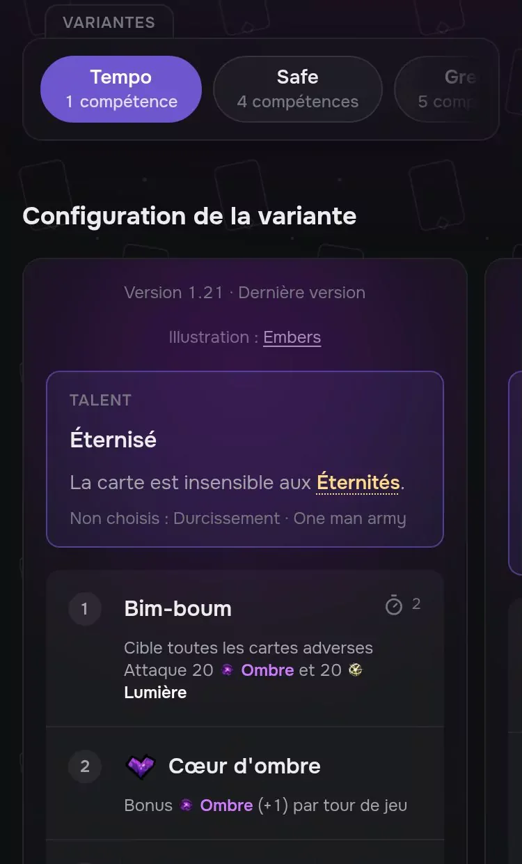Les variantes d’un build : pour chaque carte, le talent choisi et les TOX à acheter.